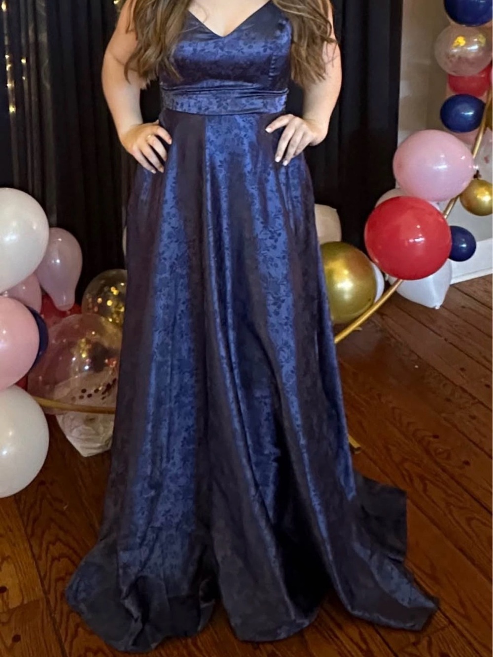Navy Blue V-Neck Jacquard Prom Gown